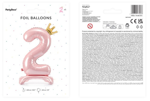 Hellrosa Folienballon Zahl 2 stehend 3
