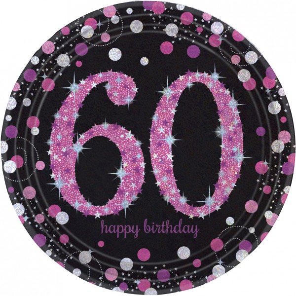 8 pink 60th birthday paper plates 23cm