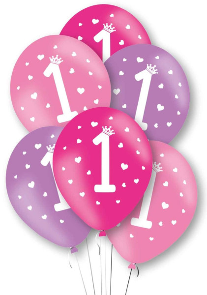 6 pink first birthday balloons 27.5cm