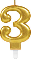 Goldene metallic Zahl 3 Tortenkerze 7,5cm