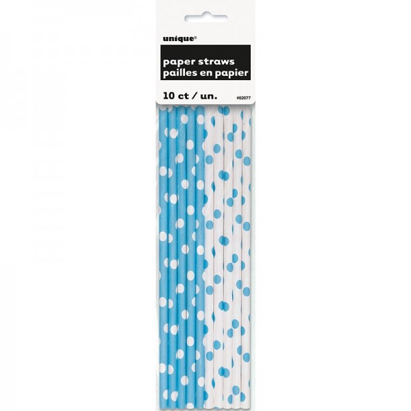 10 dotted paper straws light blue white