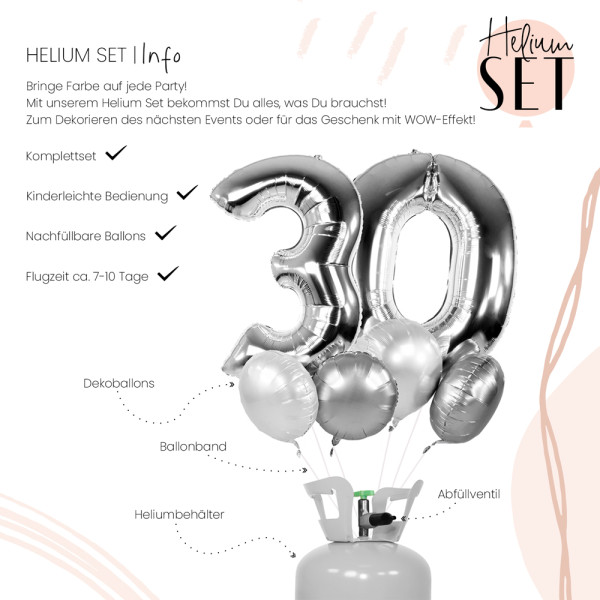 XXL Zahl 30 Silber Ballonbouquet-Set mit Heliumbehälter 3