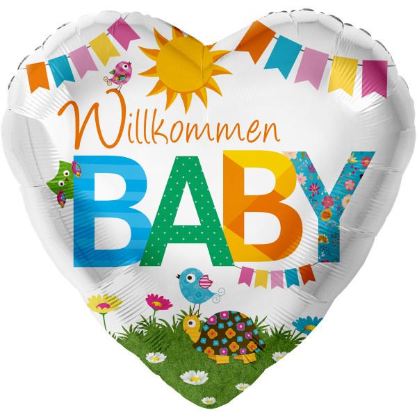 Bunter Herz-Folienballon Willkommen Baby