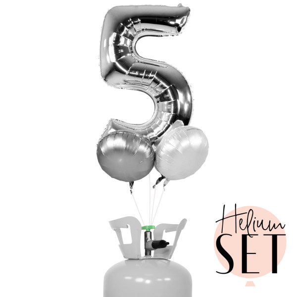 XXL Zahl 5 Silber Ballonbouquet-Set mit Heliumbehälter