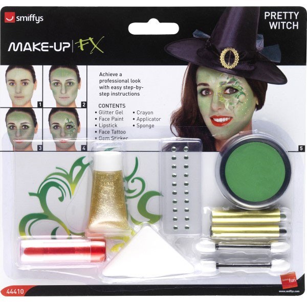 Maquillage de sorcière verte dans un ensemble