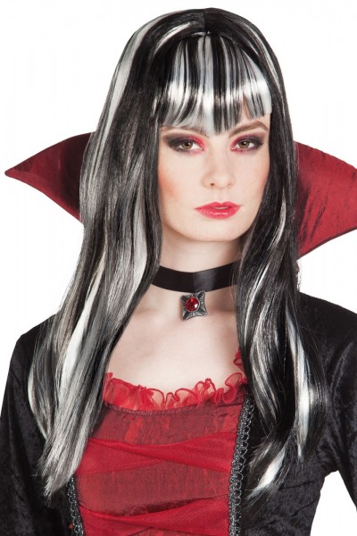Perruque Halloween cheveux longs argent noir avec une frange