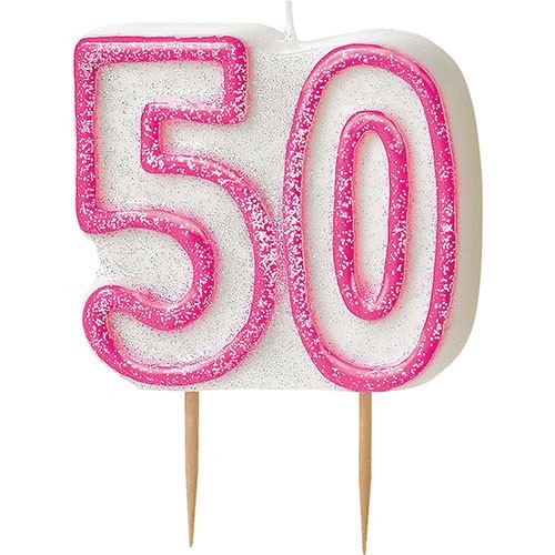Candela di felice compleanno scintillante rosa 50th