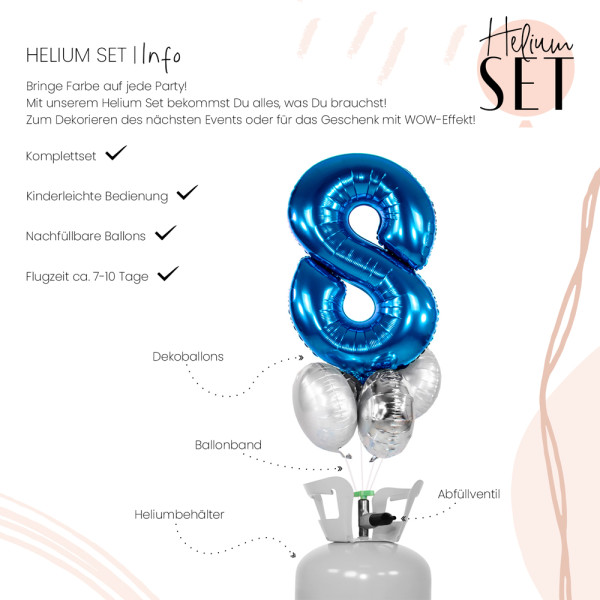 XXL Zahl 8 Blau Ballonbouquet-Set mit Heliumbehälter 3
