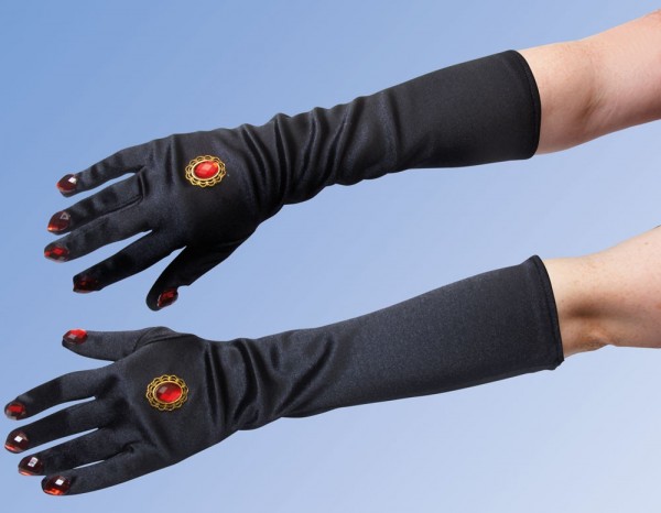 Black satin gloves with red gemstones
