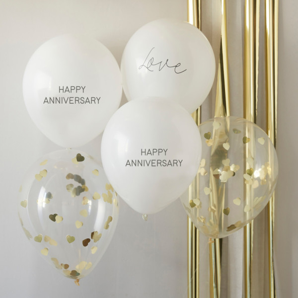 5 palloncini anniversario bianco e oro 30cm