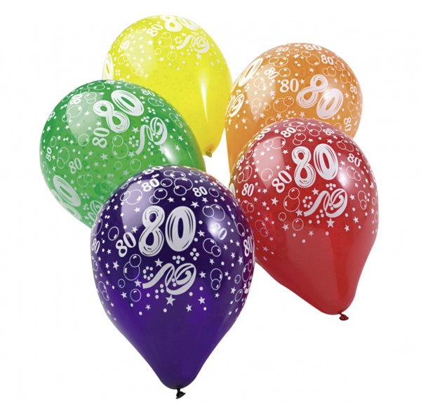 5 ballons colorés 80e anniversaire 30cm