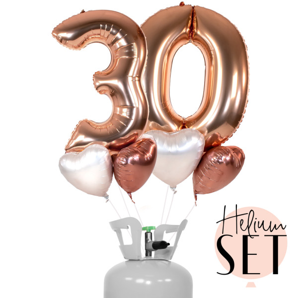XXL Zahl 30 Rosegold Ballonbouquet-Set mit Heliumbehälter