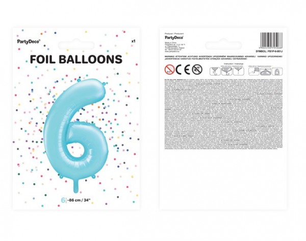 Nummer 6 folieballon himmelblå 86cm 2