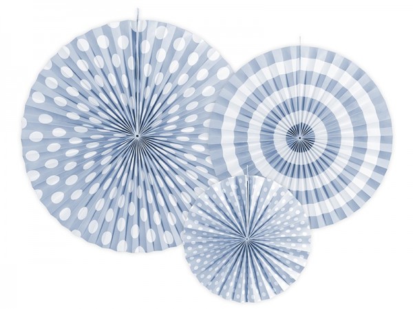 3 papieren rozetten met blauw patroon in verschillende maten