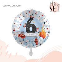 Vorschau: 6. Geburtstag Feuerwehr Ballonbouquet-Set mit Heliumbehälter