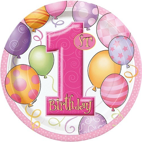 8 assiettes en carton de fête d'anniversaire ballon rose 18cm