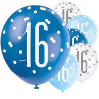 6 Blue Dots 16th Birthday Luftballons 30cm