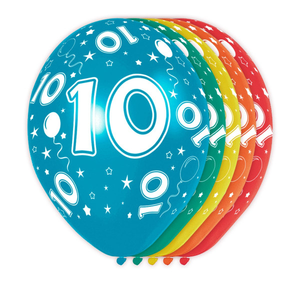 5 colorful latex balloons 10th birthday