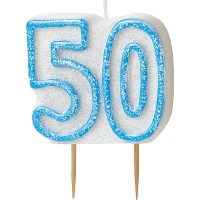 Förhandsgranskning: Glad blått gnistrande 50-årsdagstårta ljus