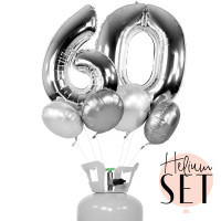 Vorschau: XXL Zahl 60 Silber Ballonbouquet-Set mit Heliumbehälter