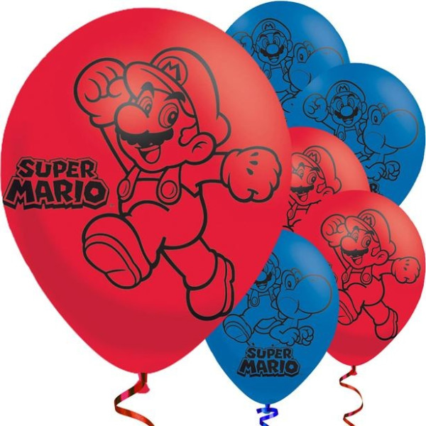6 balonów lateksowych Super Mario czerwono-niebieskich 23cm