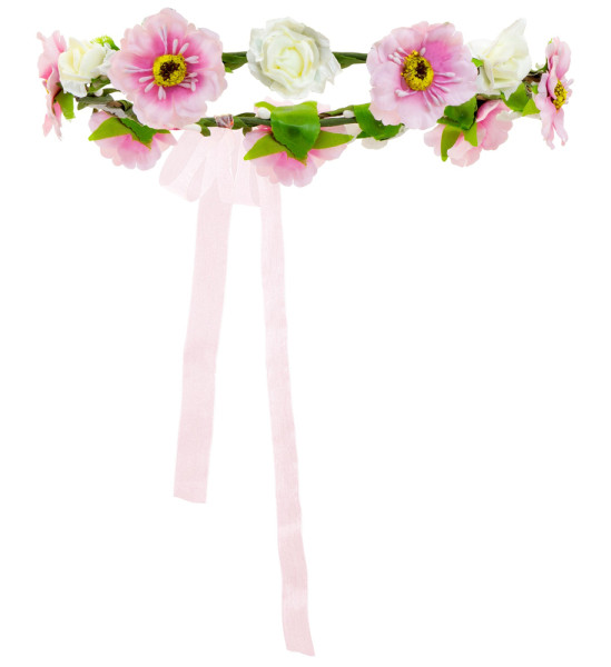 Flowers hair wreath with pink ribbons