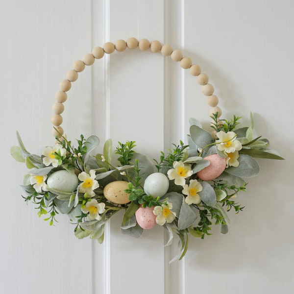 Spring flowers door wreath with wooden beads