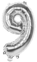 Folieballong nummer 9 silvermetallic 36cm
