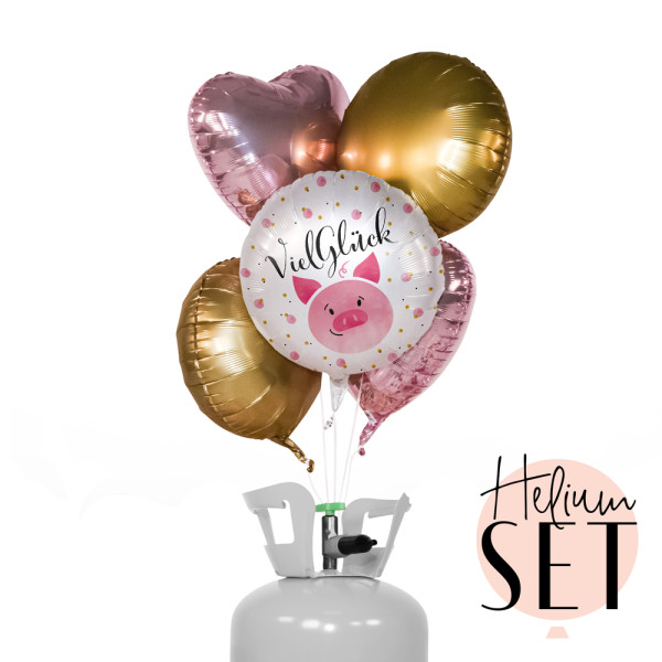 Viel Glück Schweinchen Ballonbouquet-Set mit Heliumbehälter