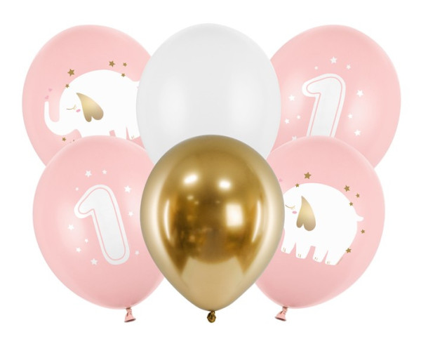 6 lyserøde glade førsteårs balloner 30 cm
