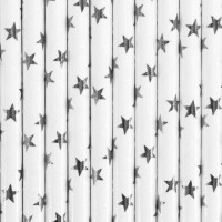 Aperçu: 10 pailles en papier étoile blanc argenté 19,5cm