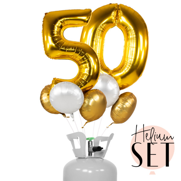 XXL Zahl 50 Gold Ballonbouquet-Set mit Heliumbehälter