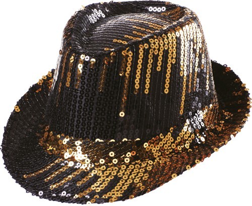 Złoto-czarna cekinowa czapka fedora