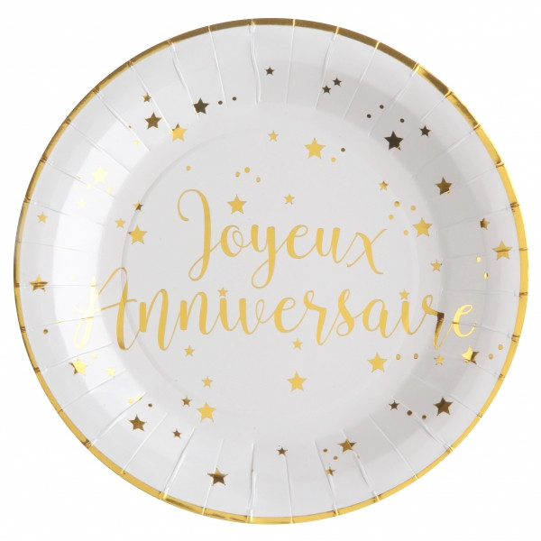 10 piatti di carta Joyeux Anniversaire bianco-oro 22,5cm