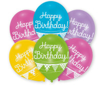 Tillykke med fødselsdagen ballon med krans 27,5 cm sæt med 6
