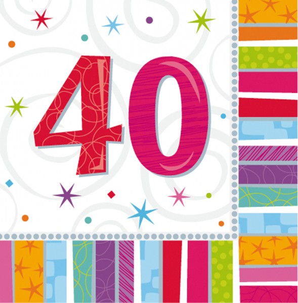 16 farverige regnbue servietter 40-års fødselsdag