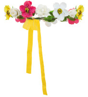Corona de flores para el cabello con cintas amarillas y rosas.