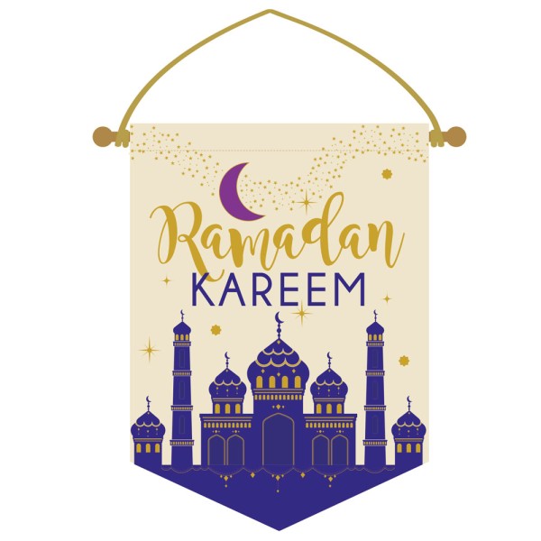 Ramadan Kareem Wall Banner, Linen-Look, 28x38 cm, Blue/Gold