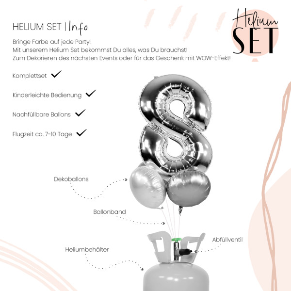 XXL Zahl 8 Silber Ballonbouquet-Set mit Heliumbehälter 3