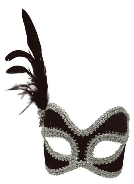 Máscara negra y plateada con decoración de plumas