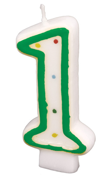 Number 1 cake candle white with colored dots 7.5cm
