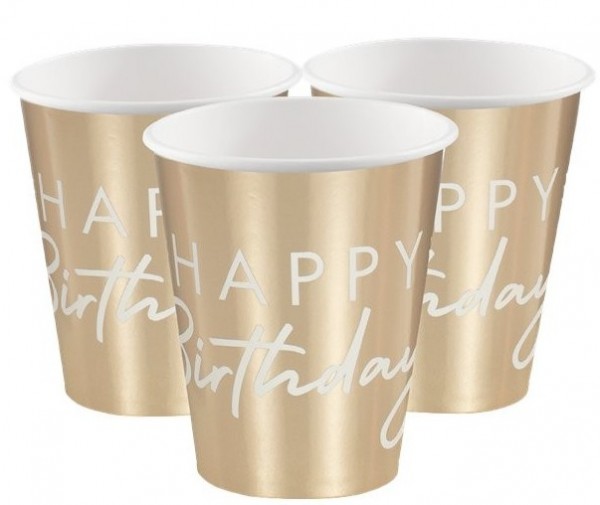 8 vasos de papel Happy Birthday dorado metalizado 260ml