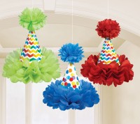 3 Rainbow Birthday party hats pompoms 29cm
