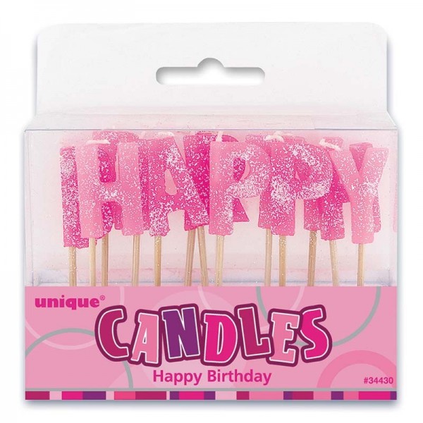 Glittering Happy Birthday cake candle pink 2
