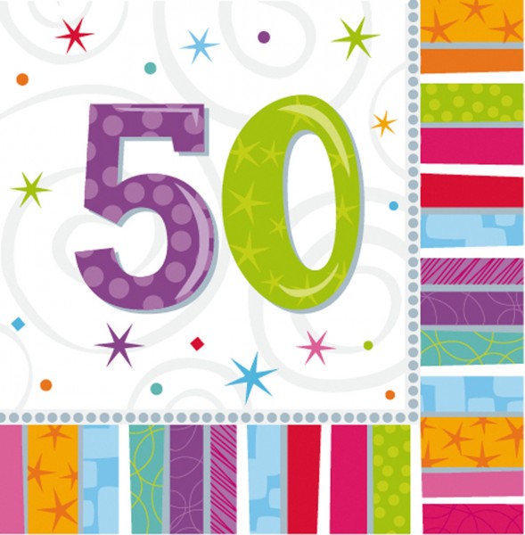 16 kolorowych tęczowych serwetek 50.urodziny