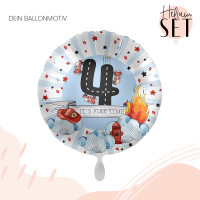 Vorschau: 4. Geburtstag Feuerwehr Ballonbouquet-Set mit Heliumbehälter