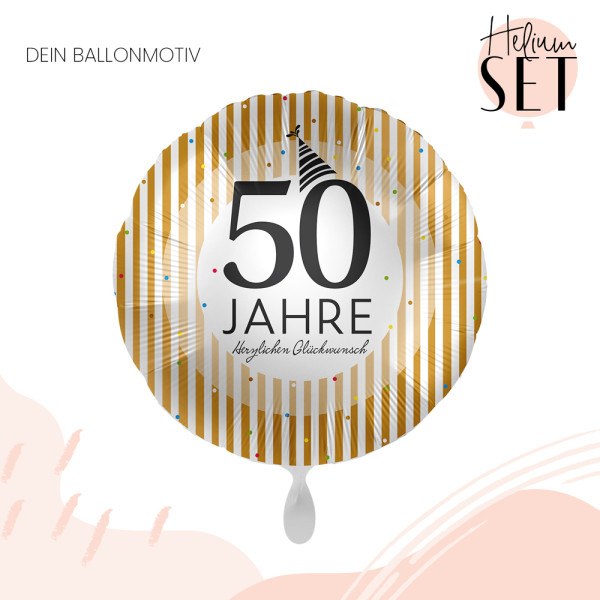 50 Jahre Golden Stripes Ballonbouquet-Set mit Heliumbehälter