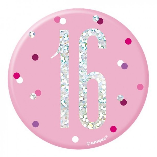 Guzik na 16 urodziny w różowe kropki 7cm
