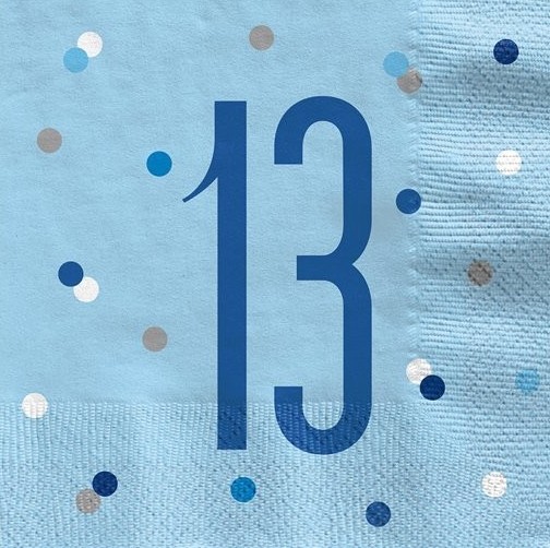 16 serwetek urodzinowych w niebieskie kropki 33 cm
