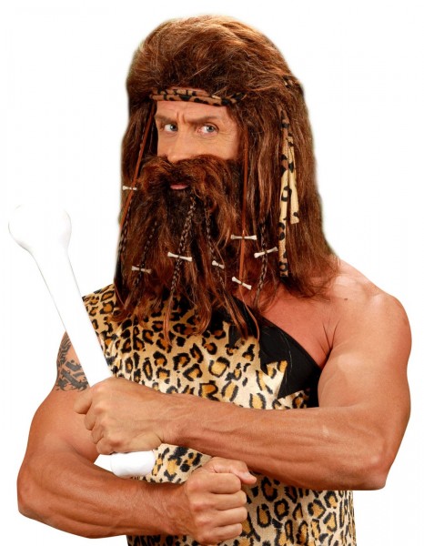 Caveman paryk med skæg og pandebånd